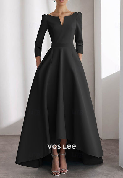 Simple & Casual A-Line V Neck 3/4 Sleeve Pleated Evening Dresses with Sweep Train