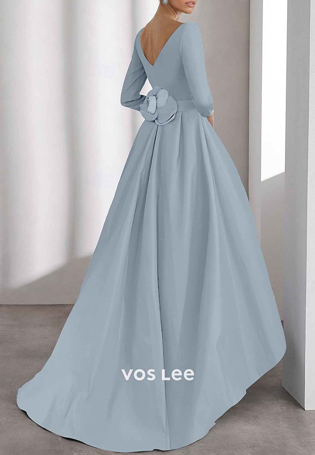 Simple & Casual A-Line V Neck 3/4 Sleeve Pleated Evening Dresses with Sweep Train