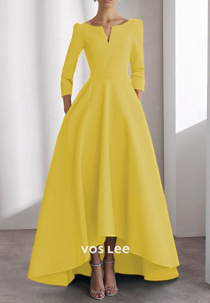 Simple & Casual A-Line V Neck 3/4 Sleeve Pleated Evening Dresses with Sweep Train