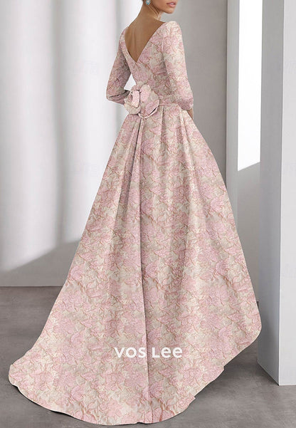 High Low A-Line 3/4 Sleeve Scoop Floral Embellished Evening Dresses