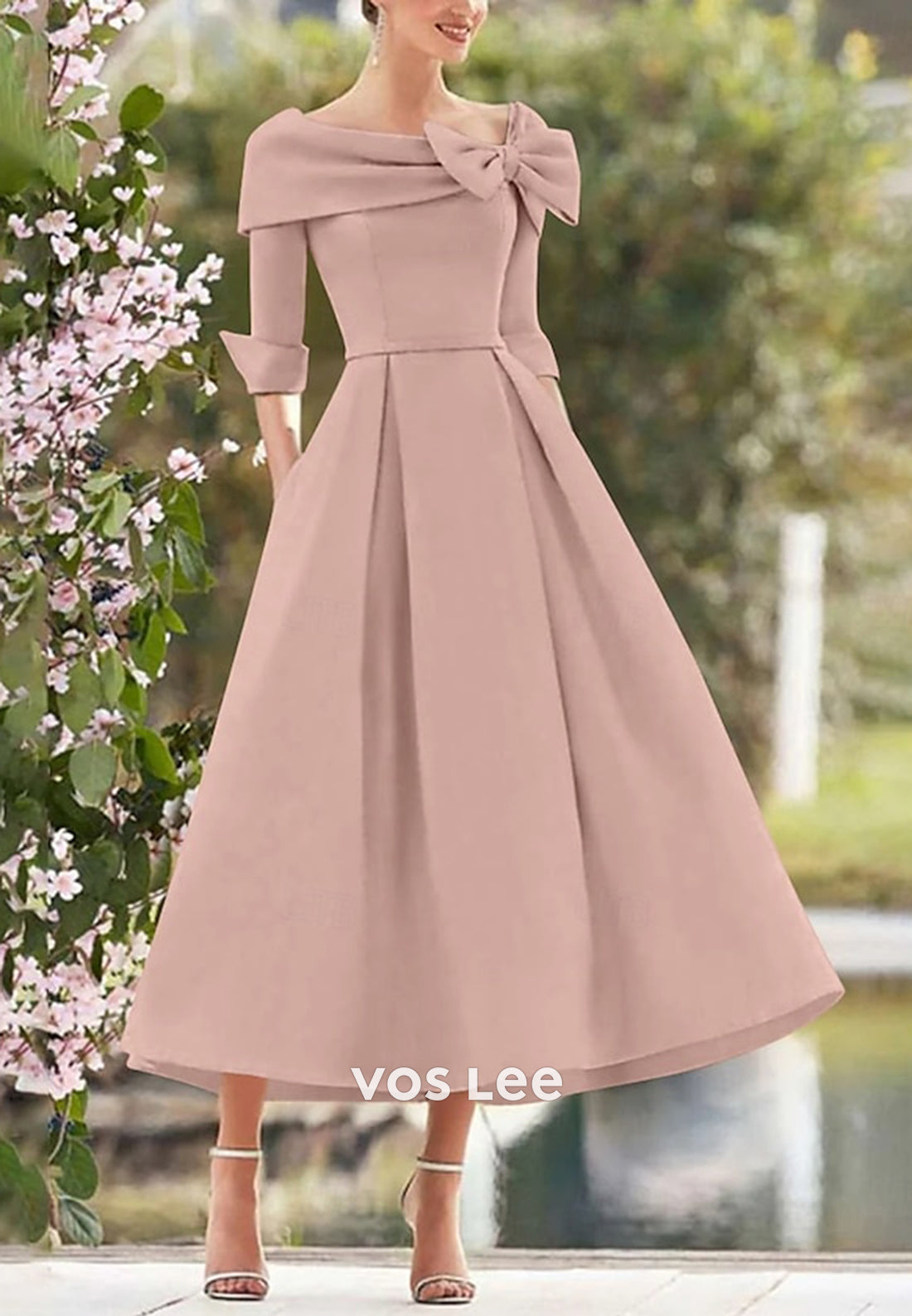 A-Line Half Sleeve Scoop Bowknot Pleated Evening Dresses