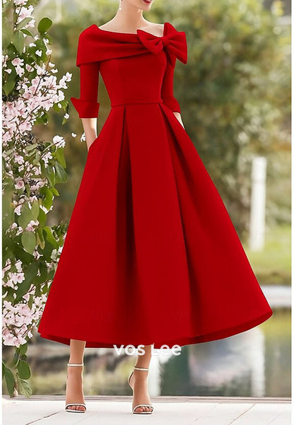 A-Line Half Sleeve Scoop Bowknot Pleated Evening Dresses