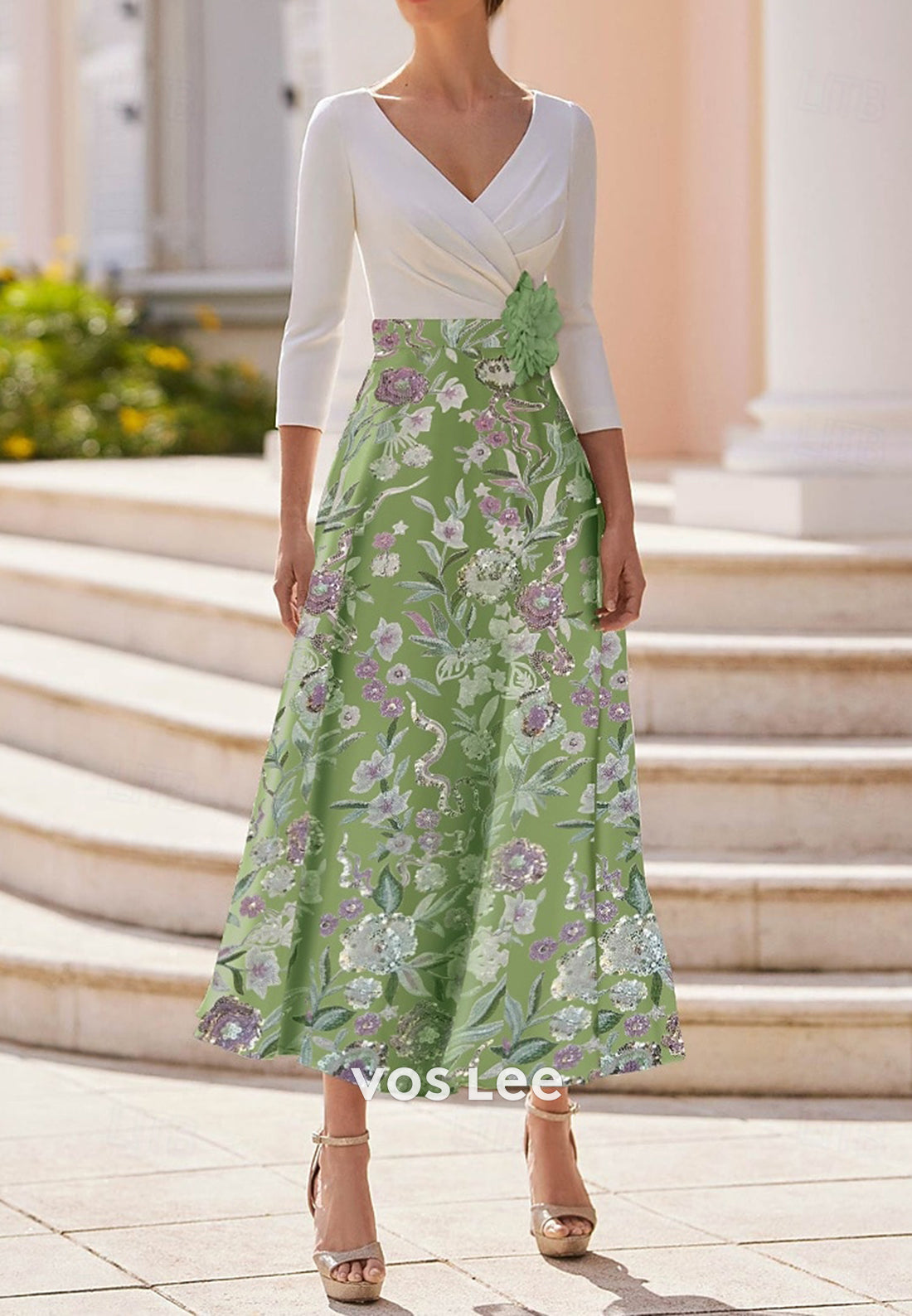 A-Line V Neck Half Sleeve Appliques Embellished Pleated Evening Dresses