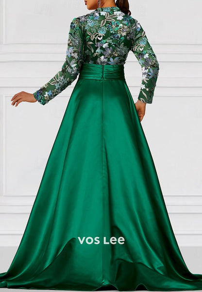Long Sleeve Scoop Appliqued A-Line Evening Dresses with Court Train