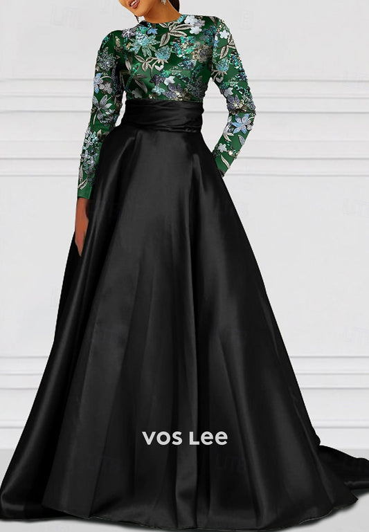 Long Sleeve Scoop Appliqued A-Line Evening Dresses with Court Train