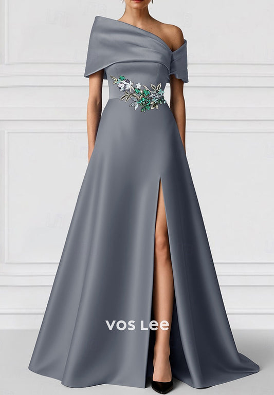 One Shoulder Appliqued Floor-Length Evening Dresses with High Split