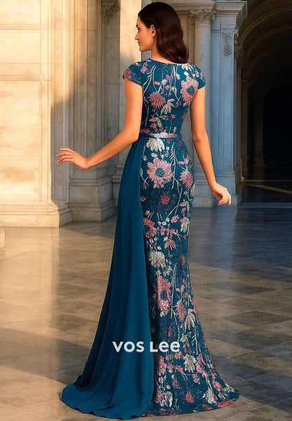 Luxurious Floor Length Short Sleeve Mother of the Bride Dress with Beading Flower