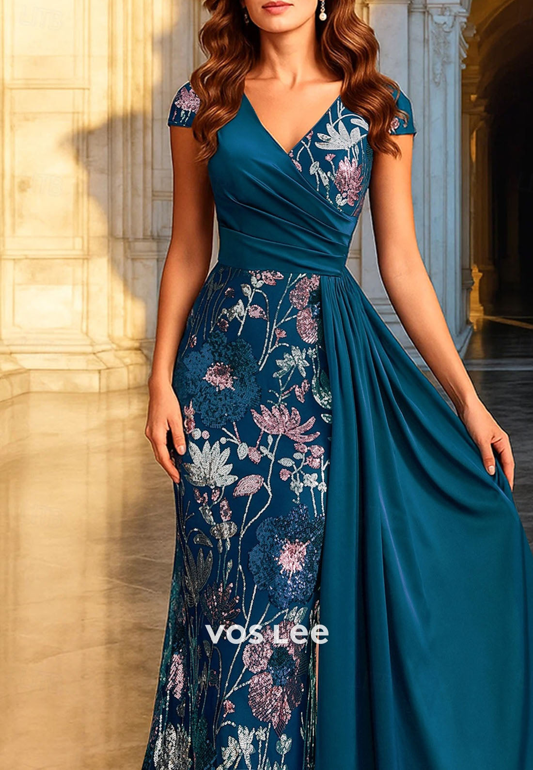 Luxurious Floor Length Short Sleeve Mother of the Bride Dress with Beading Flower