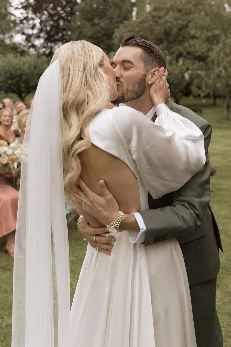 A-Line Long Sleeves Satin Wedding Dresses with V Neck