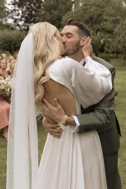 A-Line Long Sleeves Satin Wedding Dresses with V Neck