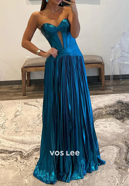 Elegant & Luxurious A-Line Sweetheart Strapless Pleated Prom Dresses with High Split