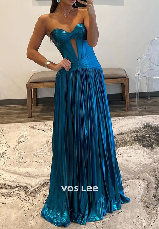 Elegant & Luxurious A-Line Sweetheart Strapless Pleated Prom Dresses with High Split