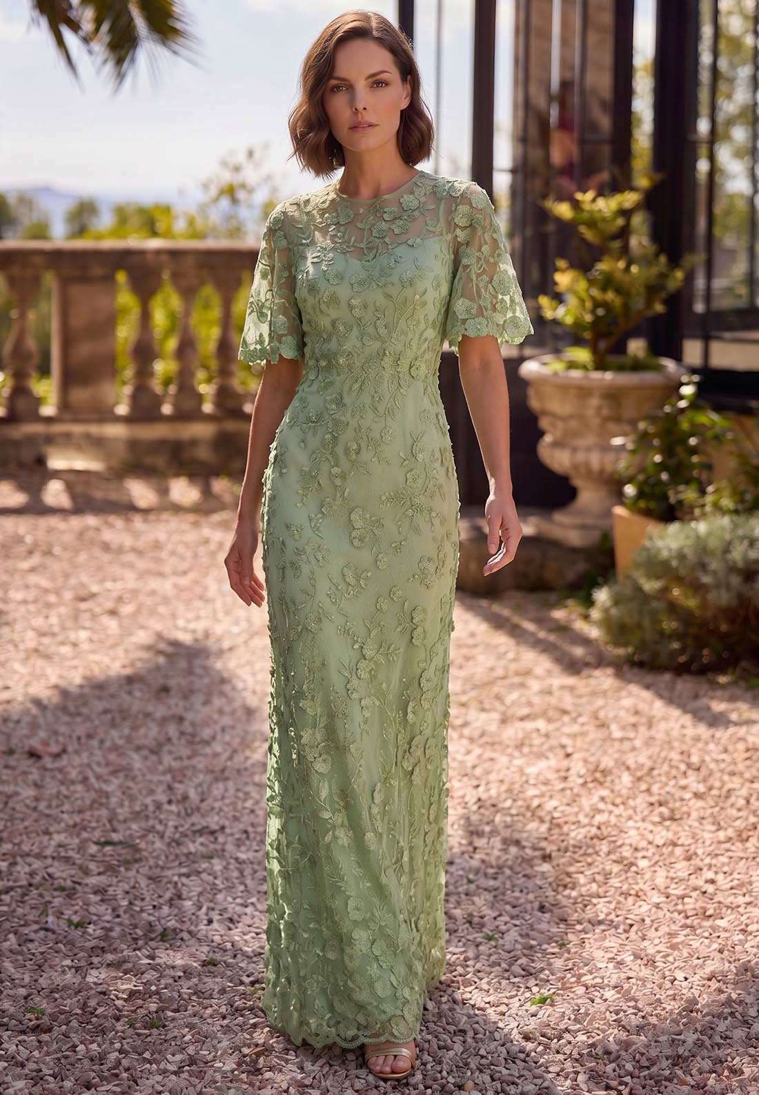 A-Line Short Sleeves Scoop Appliques Mother of the Bride Dress