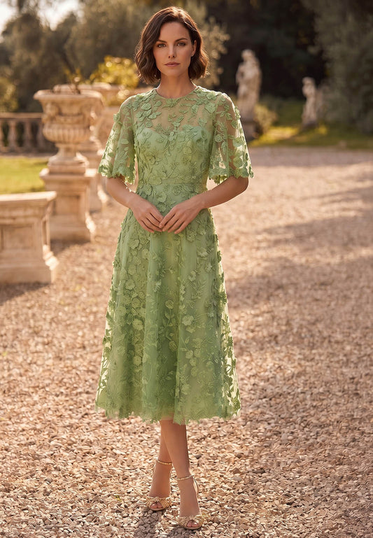 A-Line Short Sleeves Scoop Appliques Mother of the Bride Dress