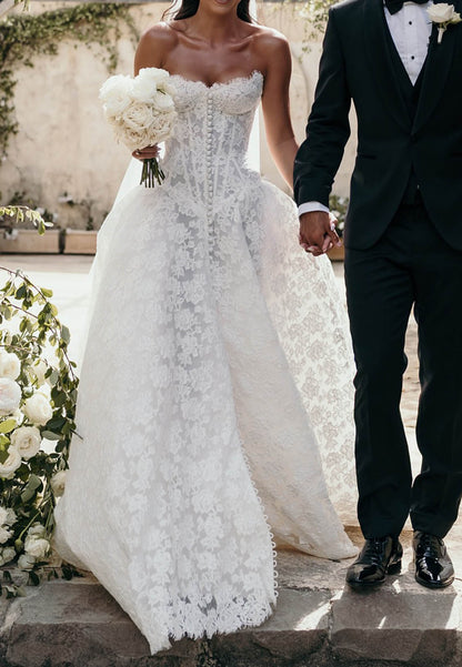 A-Line Sleeveless Strapless Lace Wedding Dress