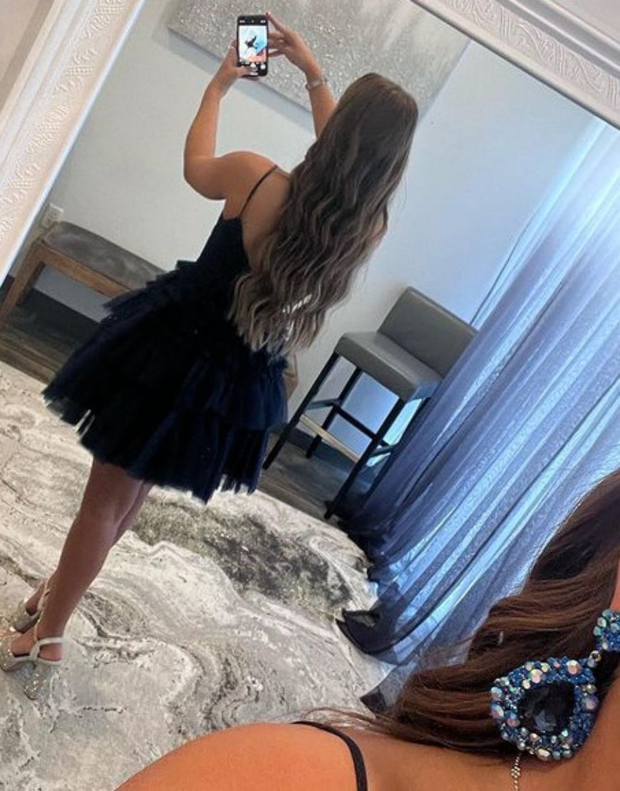 A-Line Spaghetti Straps Navy Tulle Homecoming Dress