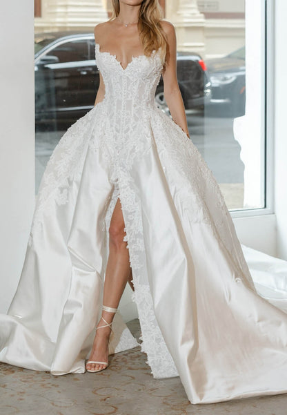 A-Line Sweetheart Slit Ruched Satin Wedding Dress
