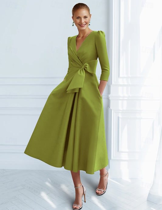 Green V-Neck Midi Dress - Long Sleeve A-Line Cocktail Dress with Bow Detail