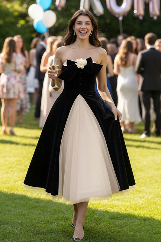 Elegant Black White Color Block Dress | Off-Shoulder Tea-Length Formal Gown with Bow Detail