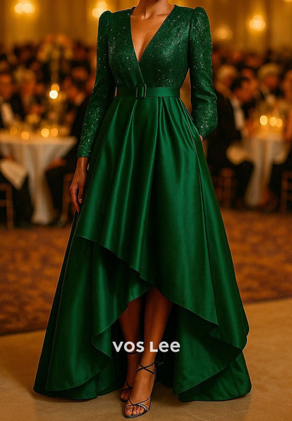 Elegant Sparkle Silky Sequined Long Sleeve V Neck A-Line Asymmetrical Evening Gown