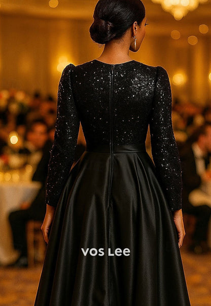 Elegant Sparkle Silky Sequined Long Sleeve V Neck A-Line Asymmetrical Evening Gown