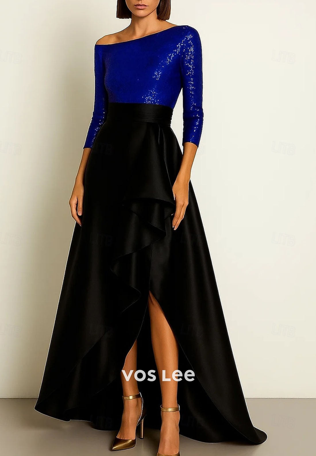 A-Line Asymmetrical Floor Length Sequined with Ruffles Slit Evening Gown