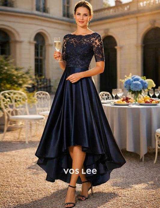 Navy Blue Lace & Satin High-Low Dress Short Sleeve Illusion Neckline Evening Gown