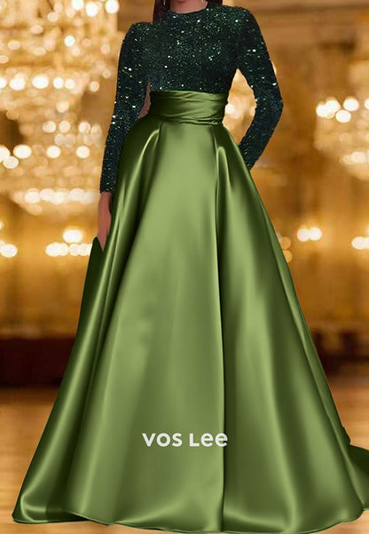 High-Neck Sequined Long-Sleeves A Line Evening Dress