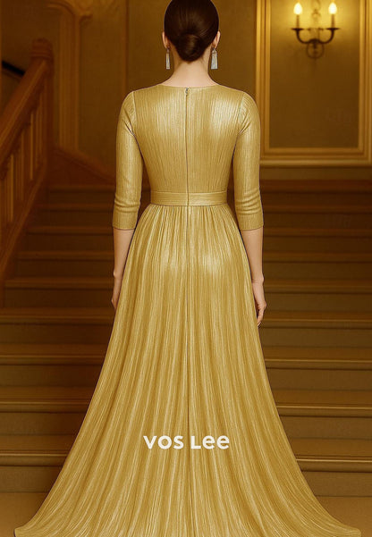 Elegant Gold O- Neck Split A-Line Long Evening Gowns