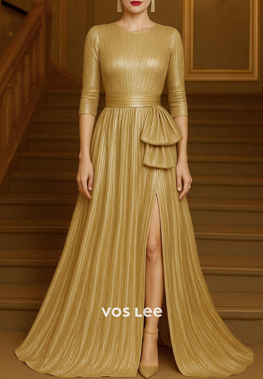 Elegant Gold O- Neck Split A-Line Long Evening Gowns