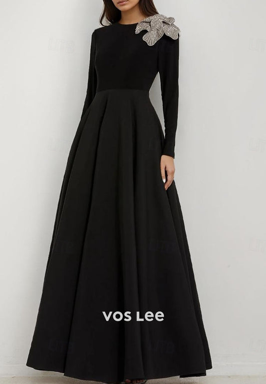 Elegant Black O- Neck A-Line Long Evening Gowns With Bead 3D Flowers