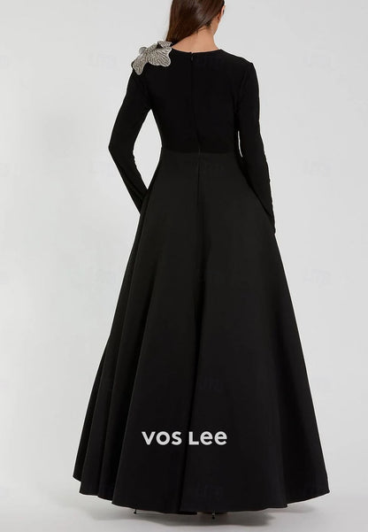 Elegant Black O- Neck A-Line Long Evening Gowns With Bead 3D Flowers