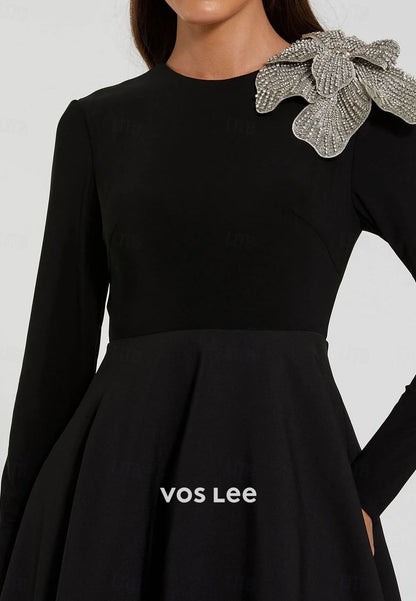 Elegant Black O- Neck A-Line Long Evening Gowns With Bead 3D Flowers