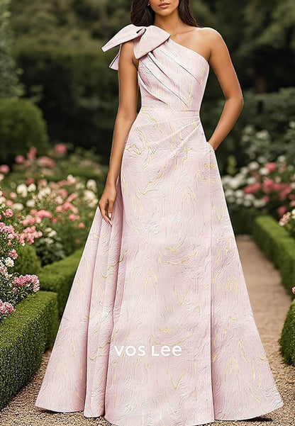 Elegant Blue One Shoulder Bow Evening Dress A Line Formal Gowns