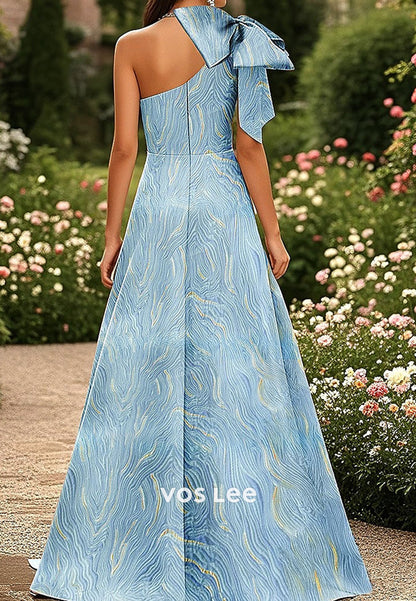 Elegant Blue One Shoulder Bow Evening Dress A Line Formal Gowns