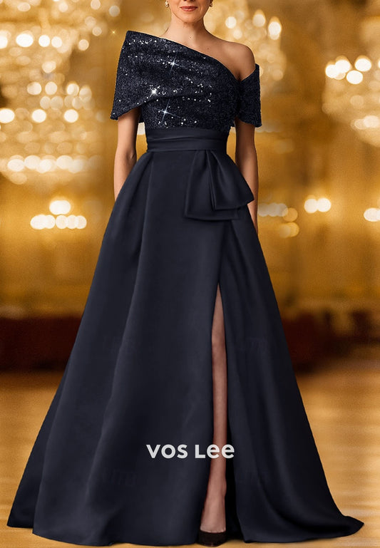 Sequin Off shoulder A-Line Satin Evening Gown Split Mother Dress