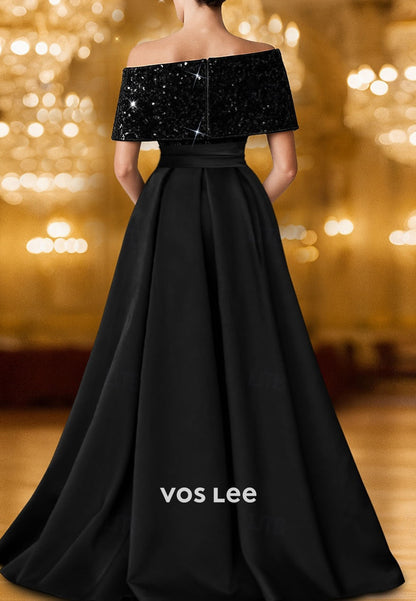 Sequin Off shoulder A-Line Satin Evening Gown Split Mother Dress