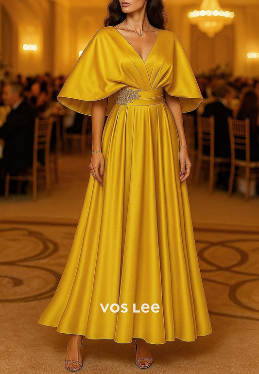 Elegant Pleat A-Line Cap Sleeve Satin Bead Crystals Evening Gown