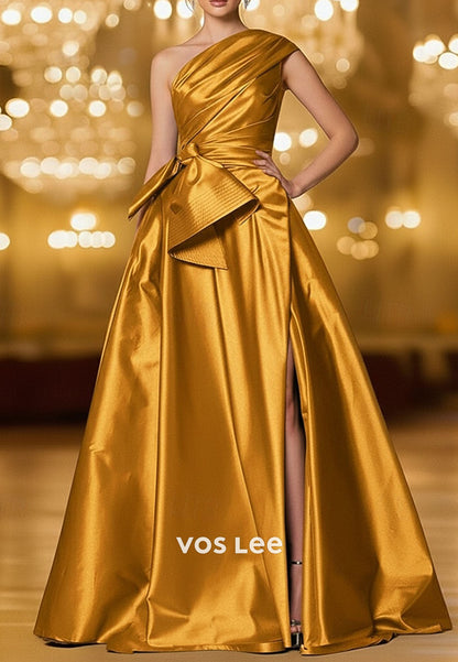 One shoulder A-Line Satin Evening Gown Split Pleat Dress