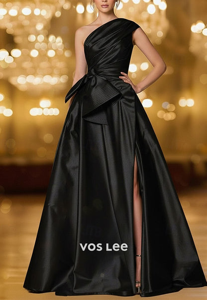 One shoulder A-Line Satin Evening Gown Split Pleat Dress