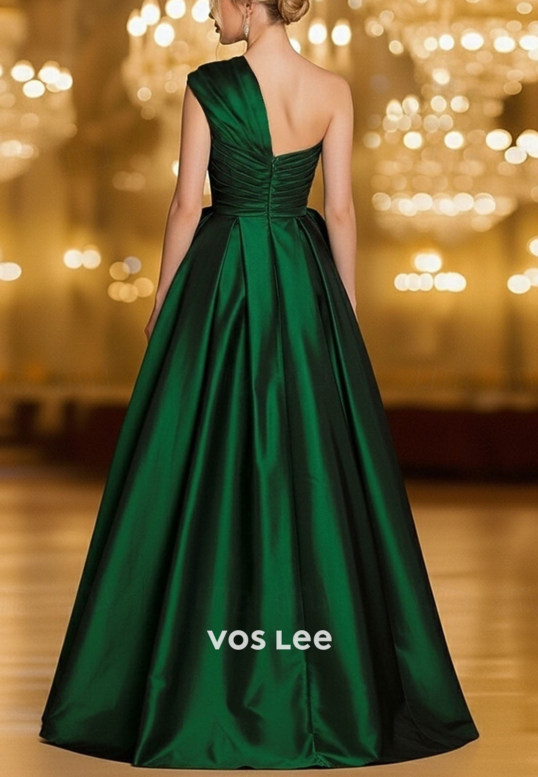 One shoulder A-Line Satin Evening Gown Split Pleat Dress