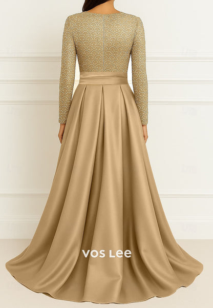 Sequin O Neck A-Line Long Sleeve Satin Evening Gown