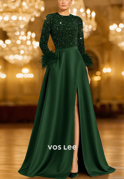 Sequined O-Neck Long-Sleeves With Feathers A Line Evening Dress