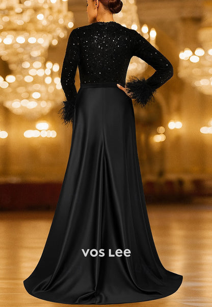Sequined O-Neck Long-Sleeves With Feathers A Line Evening Dress
