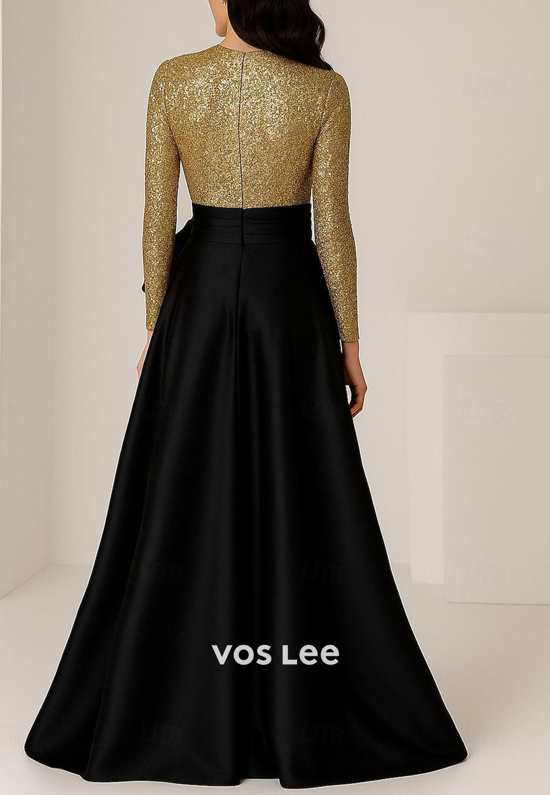 A-Line Floor Length Evening Gown Sequin Long Sleeve Crew Neck Mother Of the Bride Dress