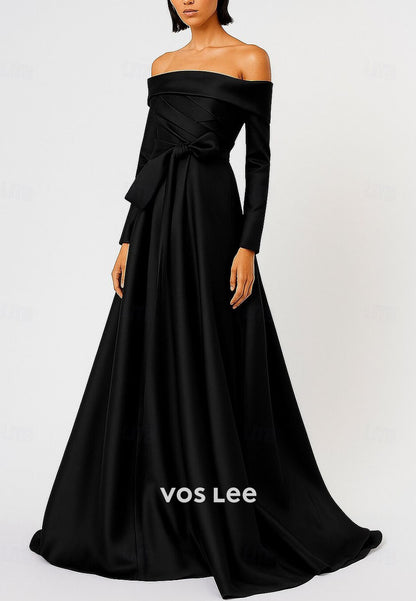 Silky Long Sleeve Off Shoulder A-Line Evening Gown with Bow