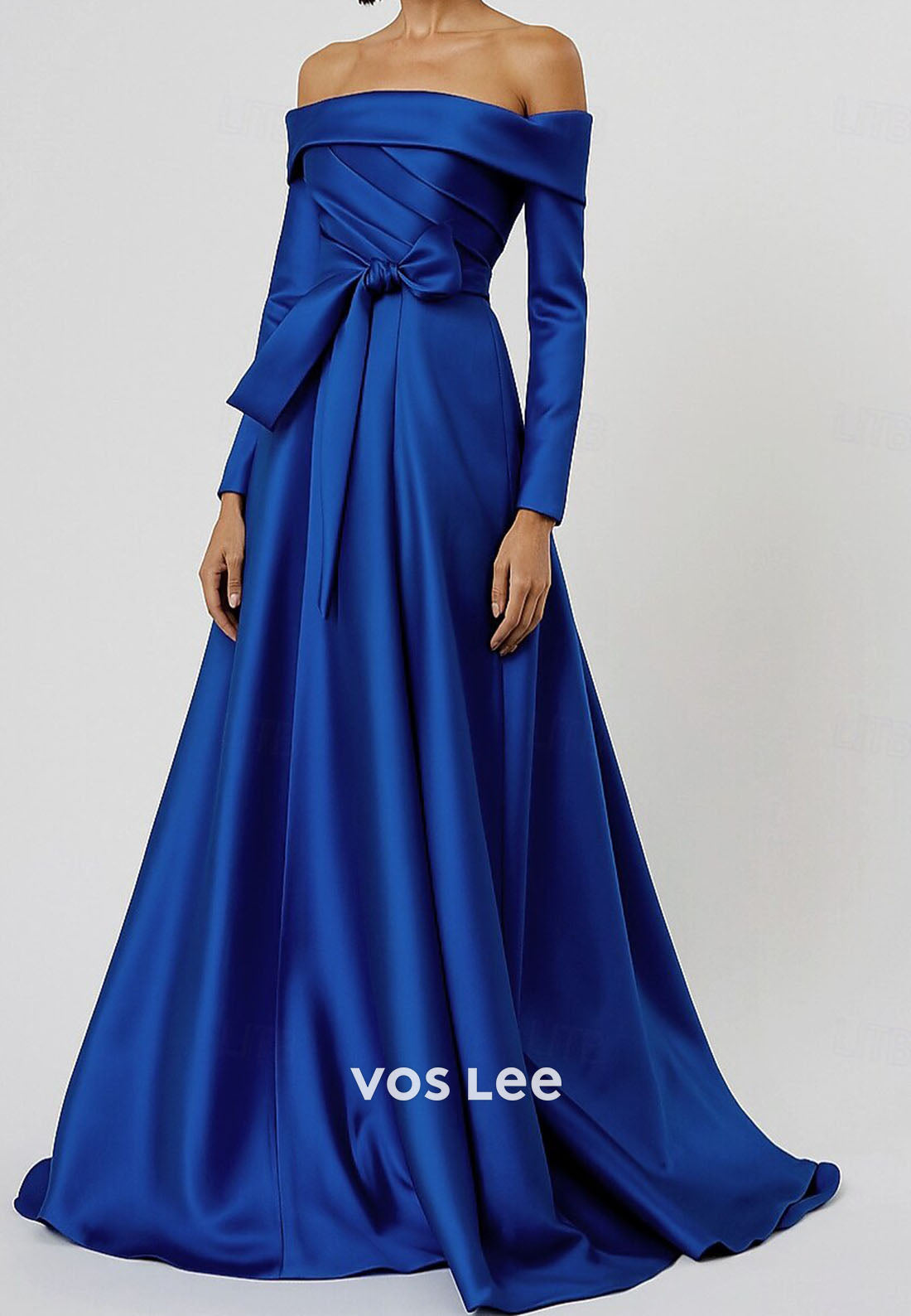 Silky Long Sleeve Off Shoulder A-Line Evening Gown with Bow