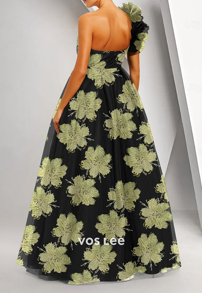 Elegant Sleeveless One Shoulder Ruffles A-Line Floor Length Evening Gown