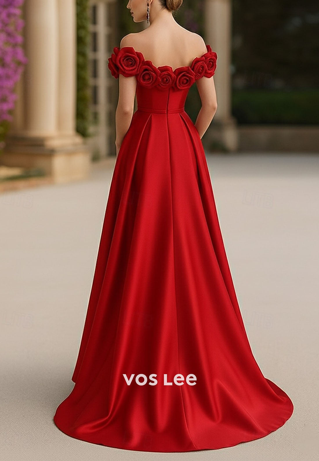 Off Shoulder A-Line Floor Length Slit Evening Gown With Flower Shoulder