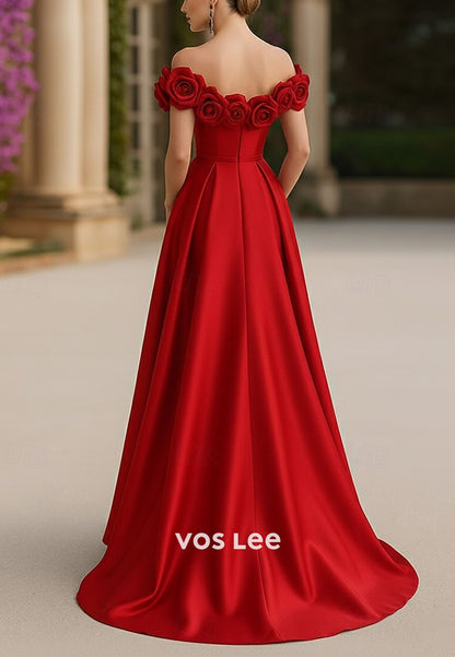 Off Shoulder A-Line Floor Length Slit Evening Gown With Flower Shoulder